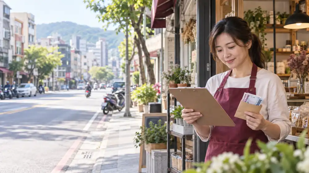 彰化服務情境示意：店家經營者使用平板整理營運與收款資訊